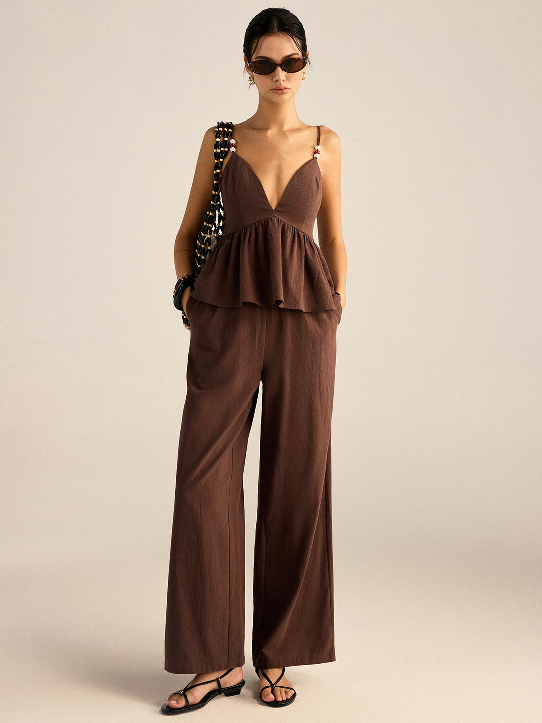 Baumwoll-Peplum-Oberteil mit Perlenbesatz und Hose