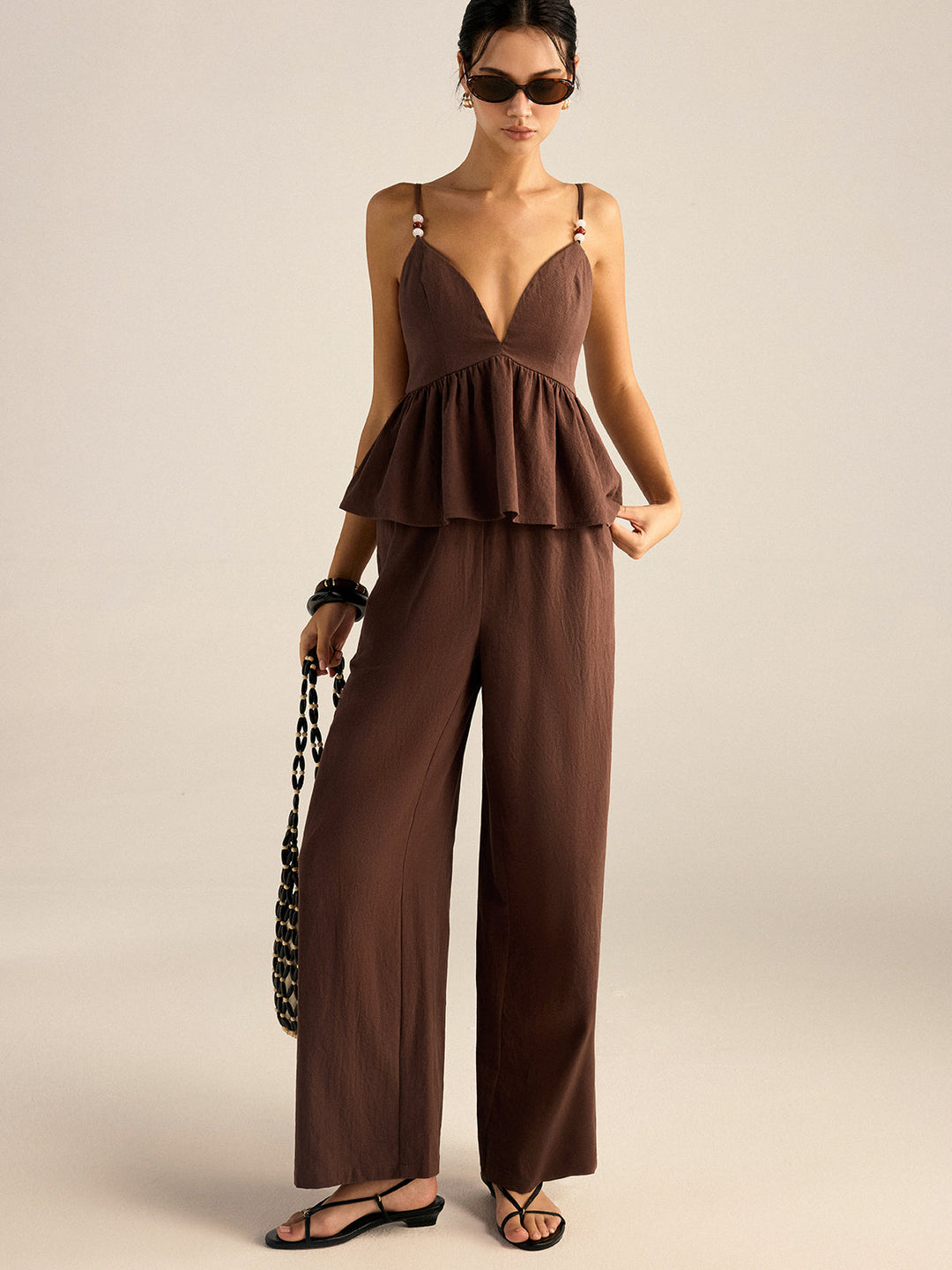 Baumwoll-Peplum-Oberteil mit Perlenbesatz und Hose