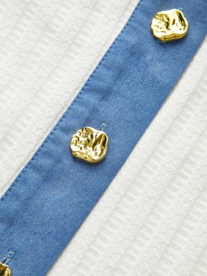 Denim-Trimmed Knit Mini Skirt with Metal Button