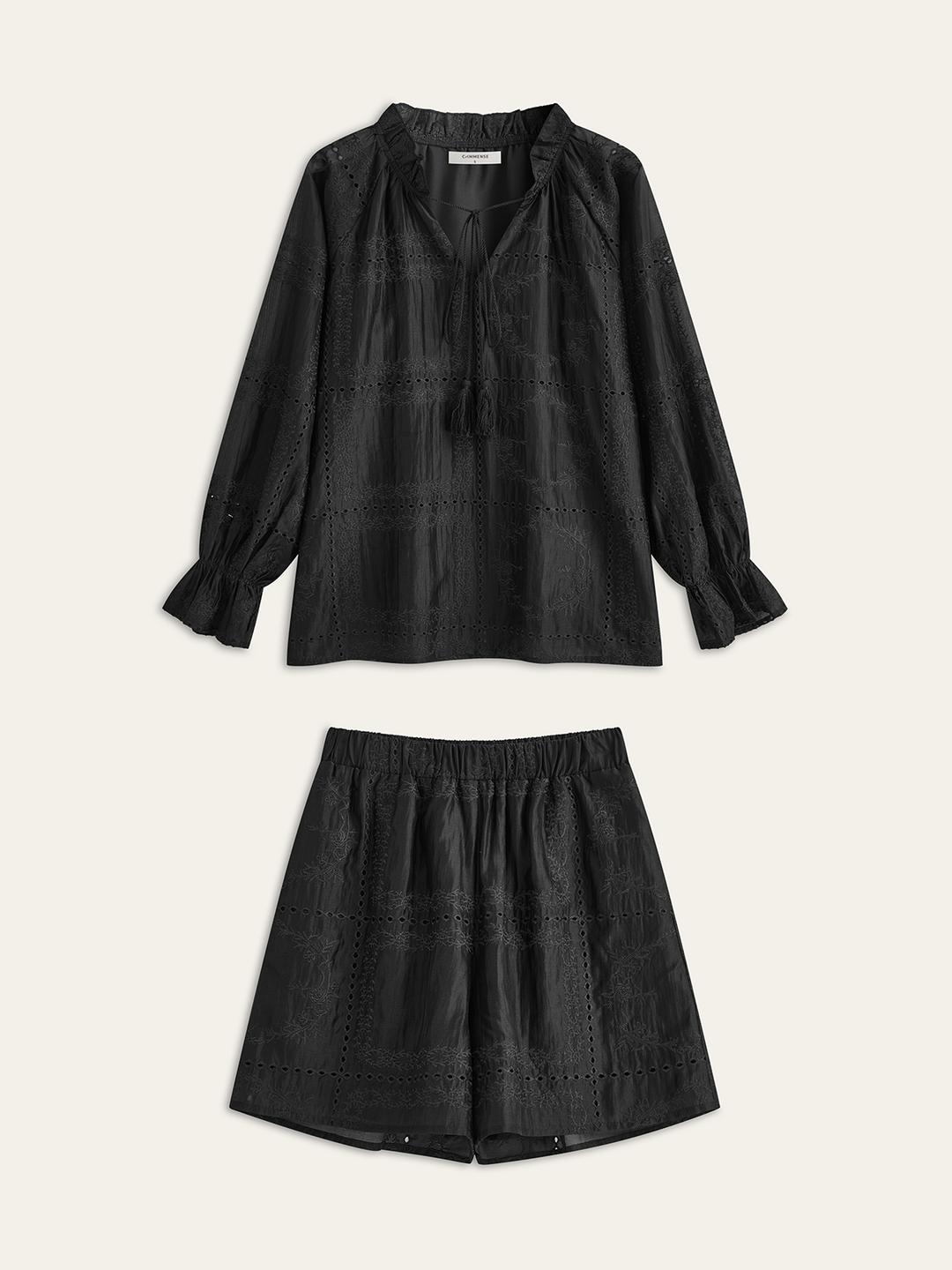 Stickerei-Detail-Langarm-Shorts-Set