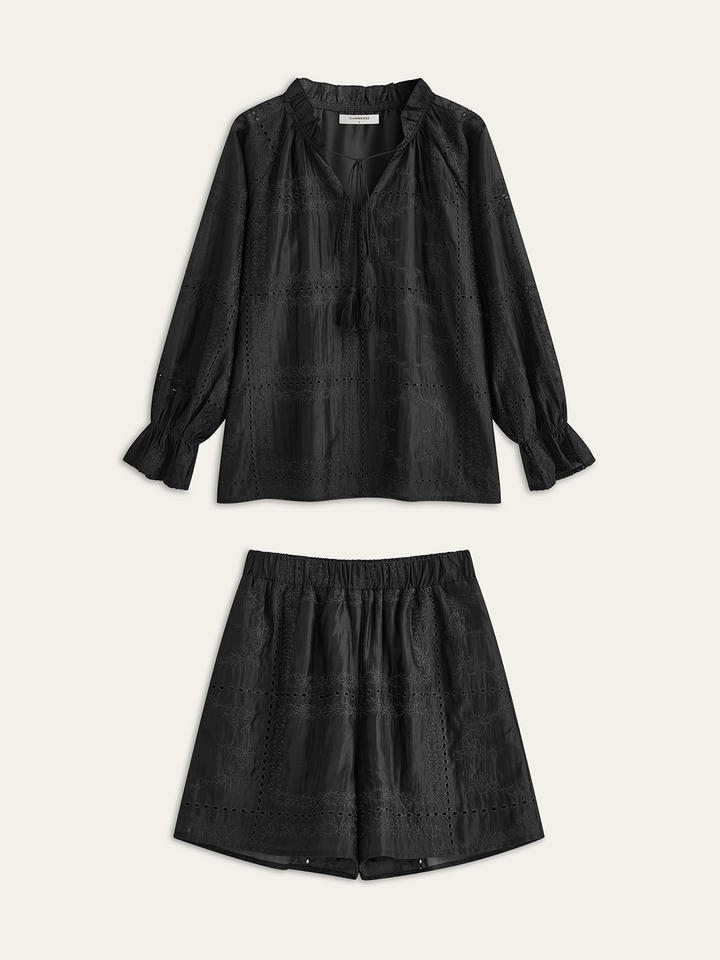 Stickerei-Detail-Langarm-Shorts-Set