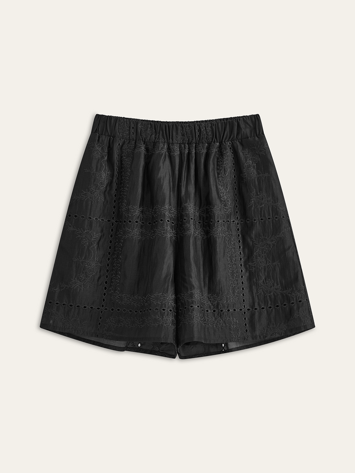 Stickerei-Detail-Langarm-Shorts-Set
