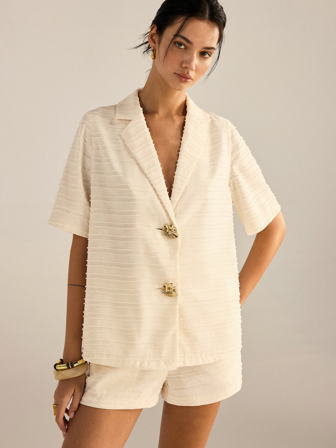 Texturierter Kurzarm-Blazer und Shorts-Set