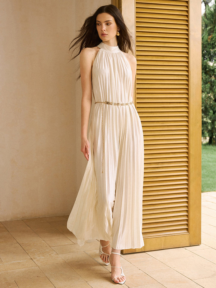 Satin Maxikleid mit hohem Kragen und Falten
