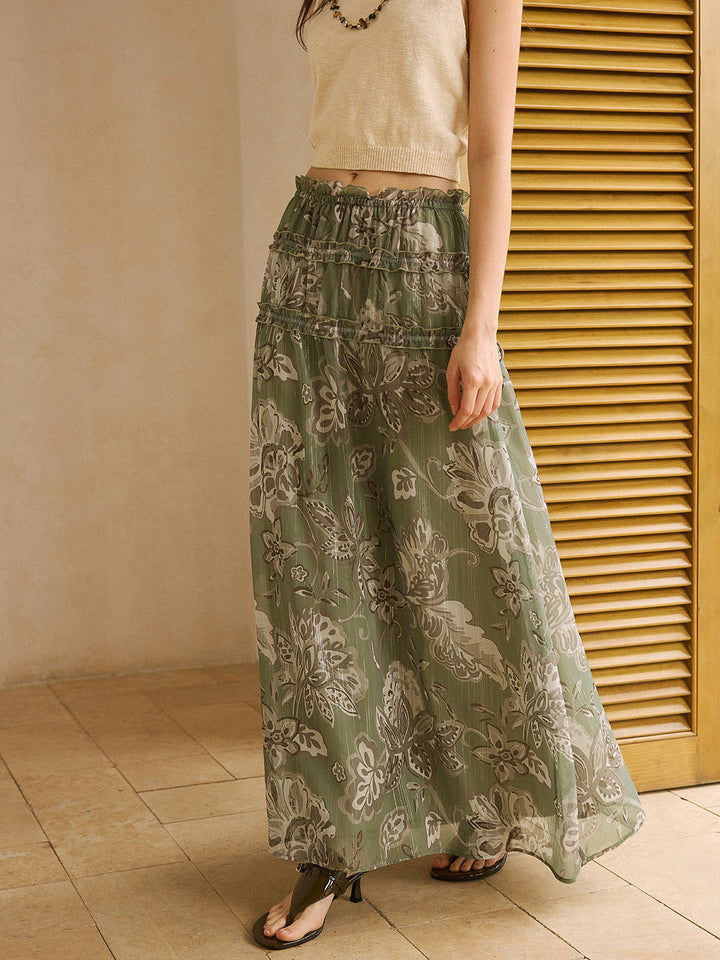 Boho Print Chiffon Maxirock mit Rüschendetails