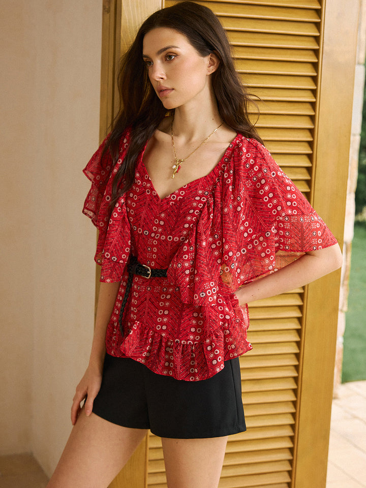Bedrucktes Peplum-Oberteil mit Gürtel