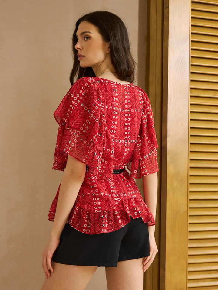 Bedrucktes Peplum-Oberteil mit Gürtel