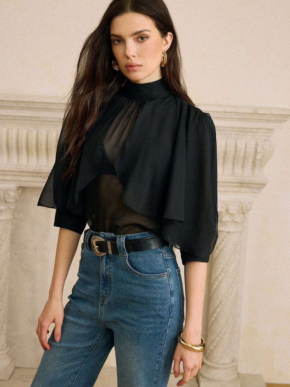 Sheer Chiffon Blouse mit Rückenschleifen-Detail
