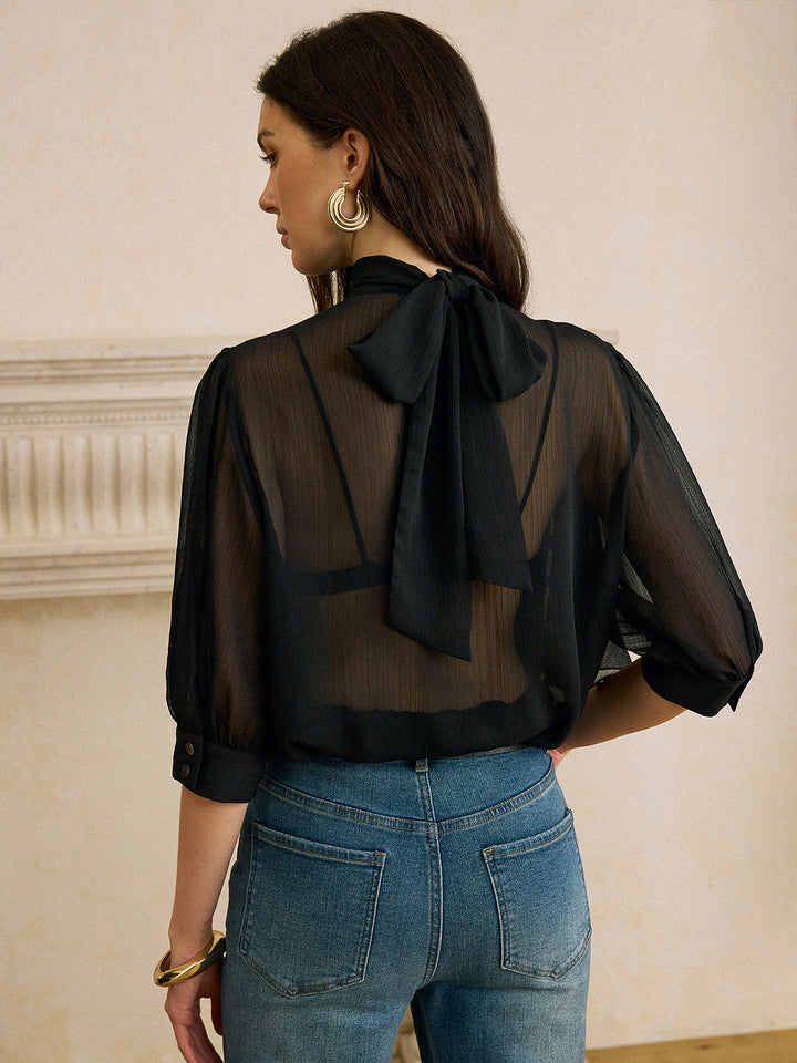 Sheer Chiffon Blouse mit Rückenschleifen-Detail