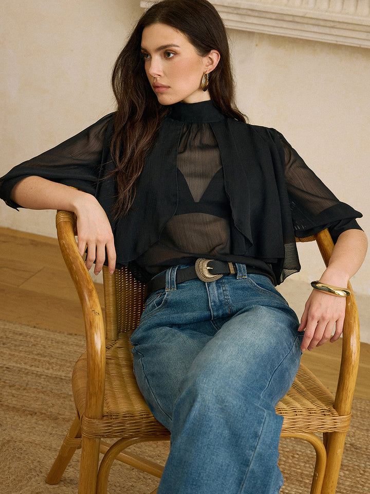 Sheer Chiffon Blouse mit Rückenschleifen-Detail
