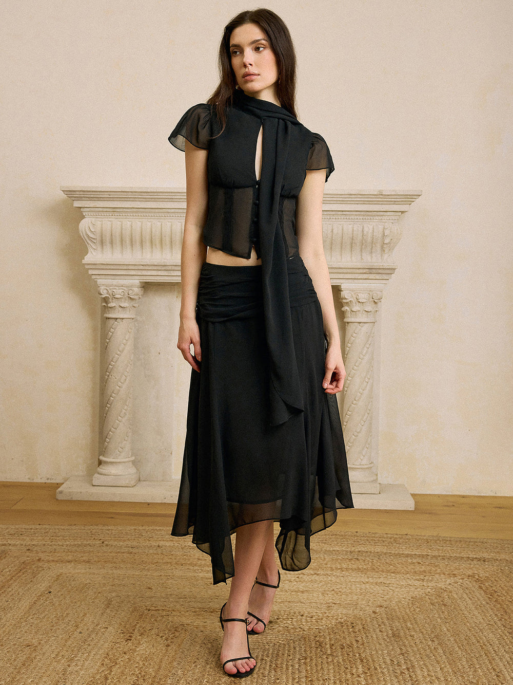 Scarf Neckline Chiffon Skirt Set