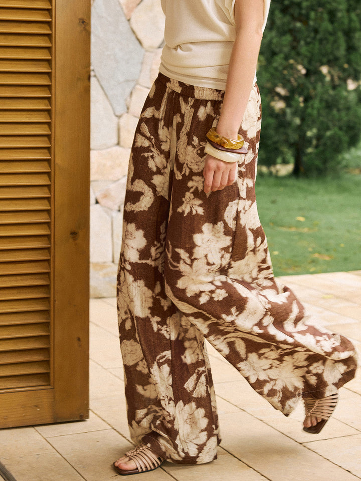 Vintage Leinenhose mit weitem Bein und Print