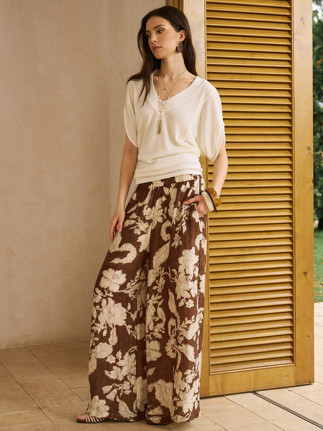 Vintage Leinenhose mit weitem Bein und Print