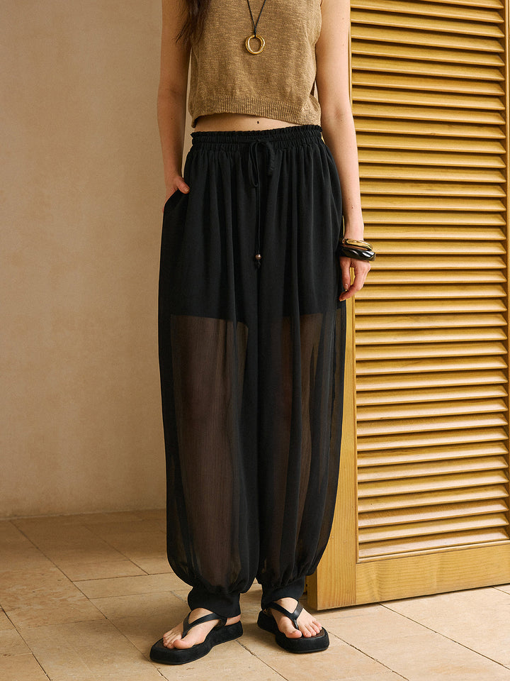 Transparente Chiffon-Hose mit elastischem Bund und Knöchelmanschetten