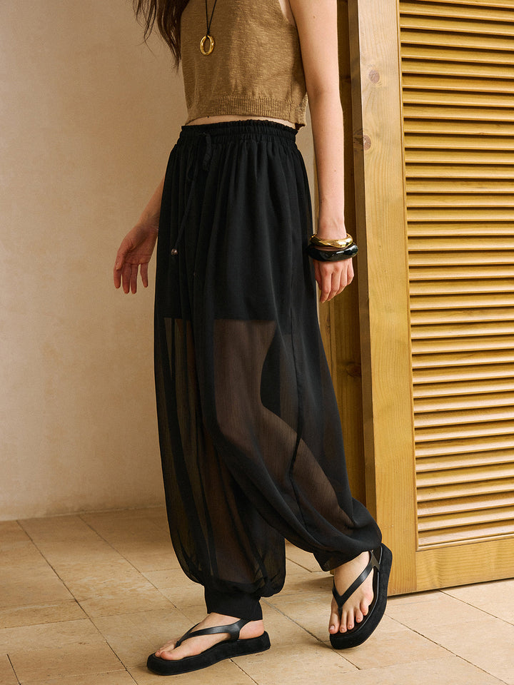Transparente Chiffon-Hose mit elastischem Bund und Knöchelmanschetten