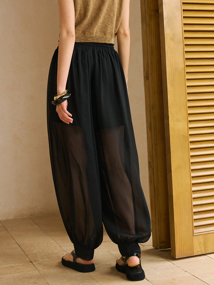 Transparente Chiffon-Hose mit elastischem Bund und Knöchelmanschetten