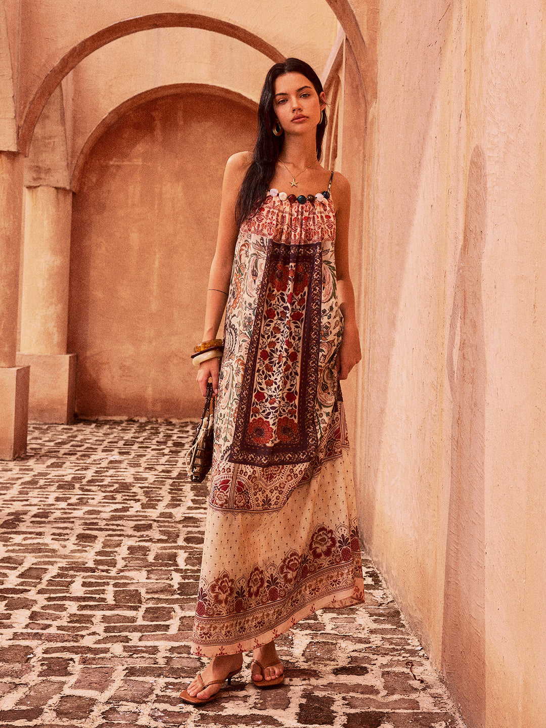 Paisley-Print Maxikleid mit Perlenbesatz
