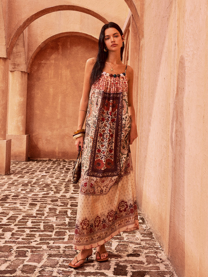 Paisley-Print Maxikleid mit Perlenbesatz