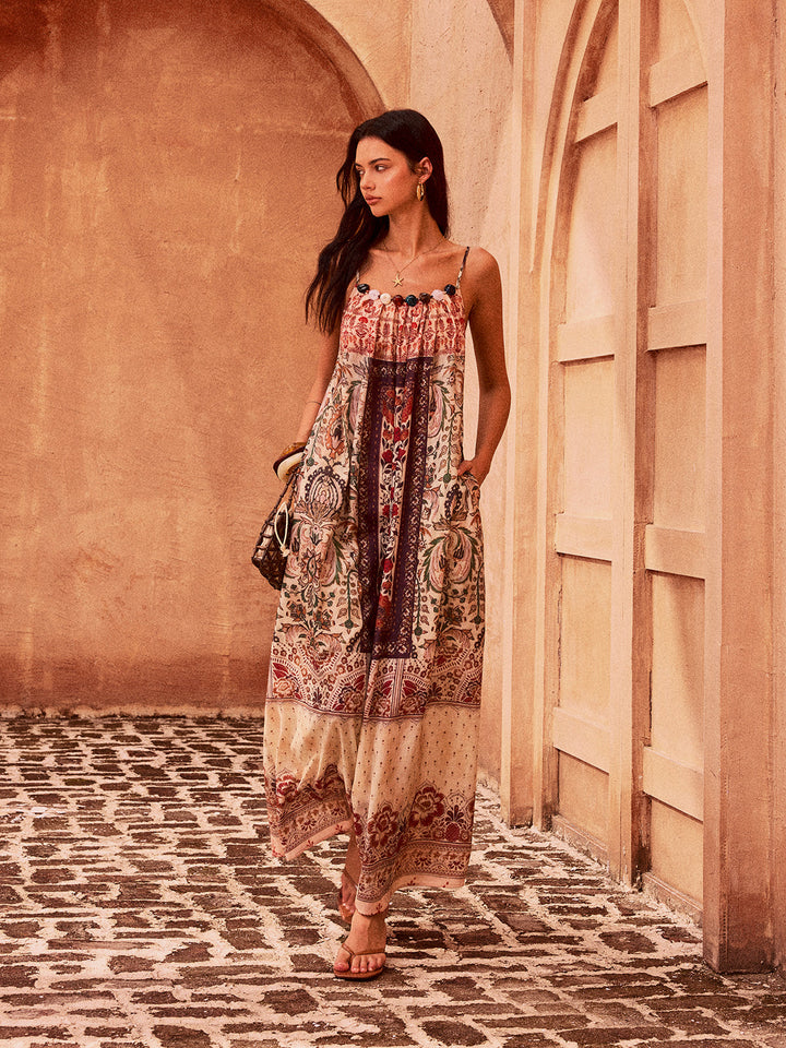 Paisley-Print Maxikleid mit Perlenbesatz