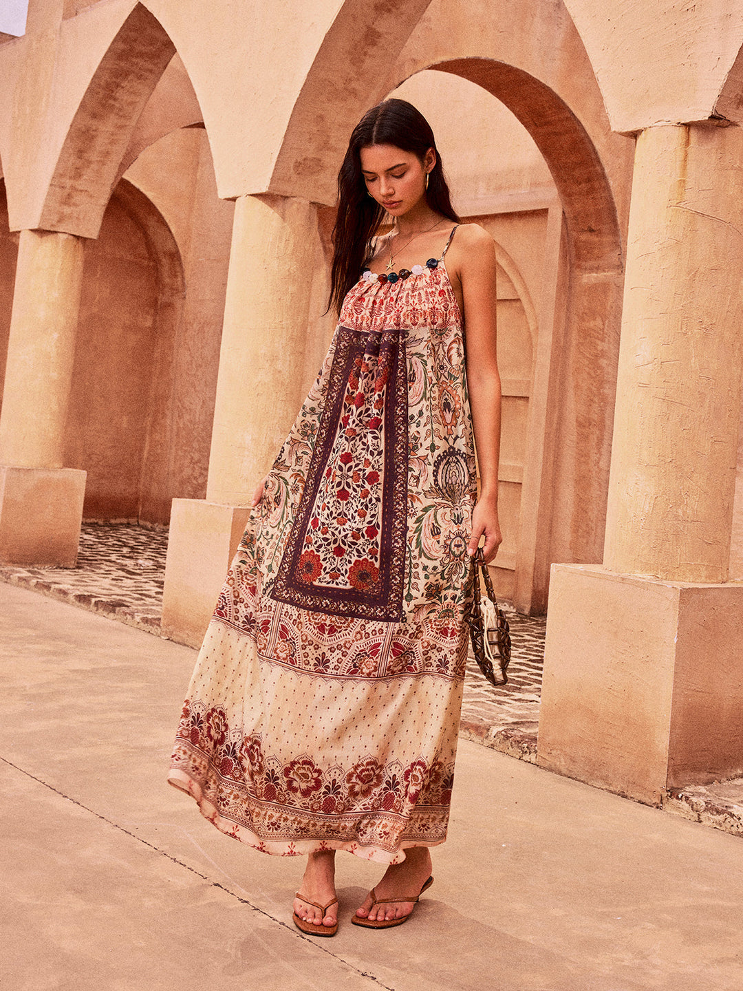 Paisley-Print Maxikleid mit Perlenbesatz