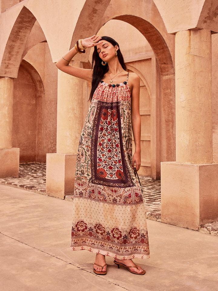 Paisley-Print Maxikleid mit Perlenbesatz