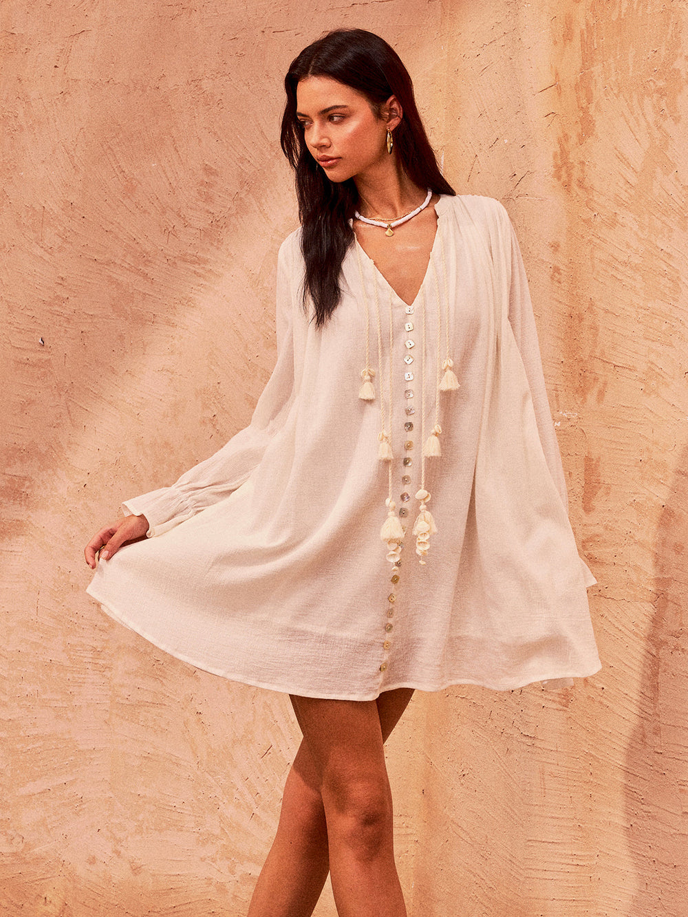 Tasselled Button Cotton Mini Kleid