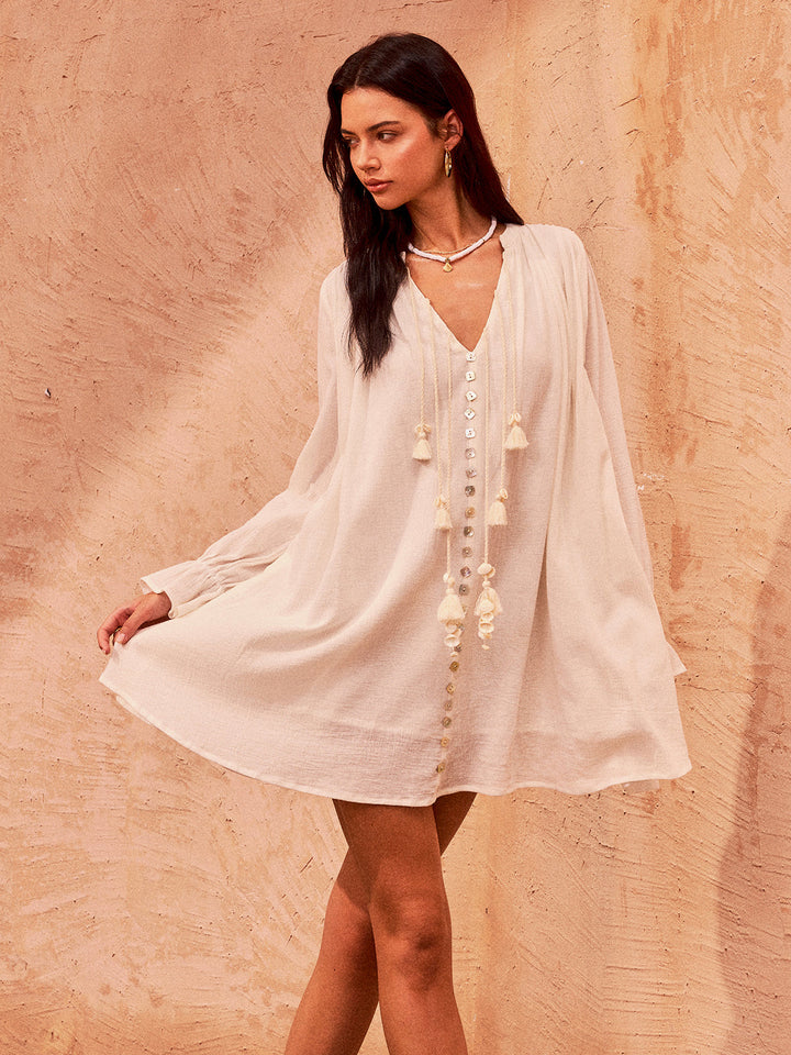 Tasselled Button Cotton Mini Kleid