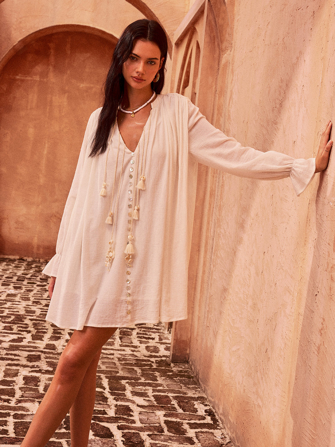 Tasselled Button Cotton Mini Kleid