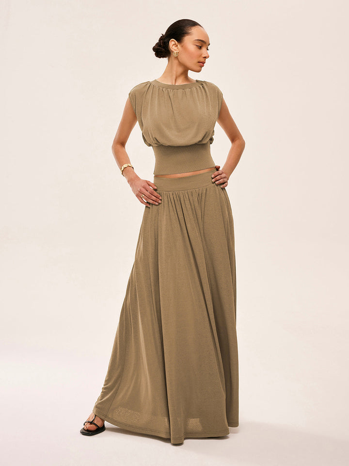 Gathered Waist Top With Flowy Skirt Set