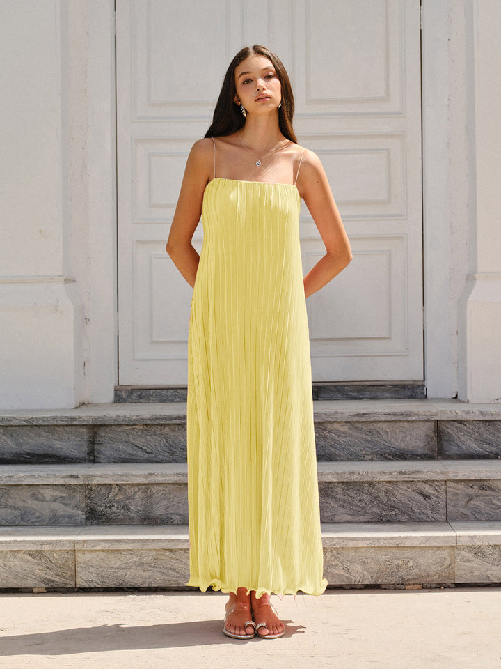 Spaghettiträger-Kleid mit vertikalen Falten, Maxikleid