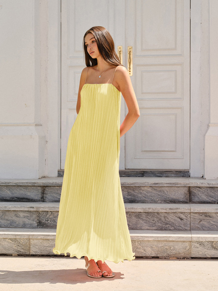 Spaghettiträger-Kleid mit vertikalen Falten, Maxikleid