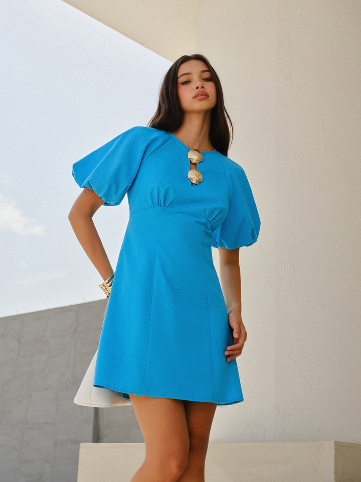 Kleid mit Knopfleiste und Puffärmeln, Rundhalsausschnitt, Mini-Länge