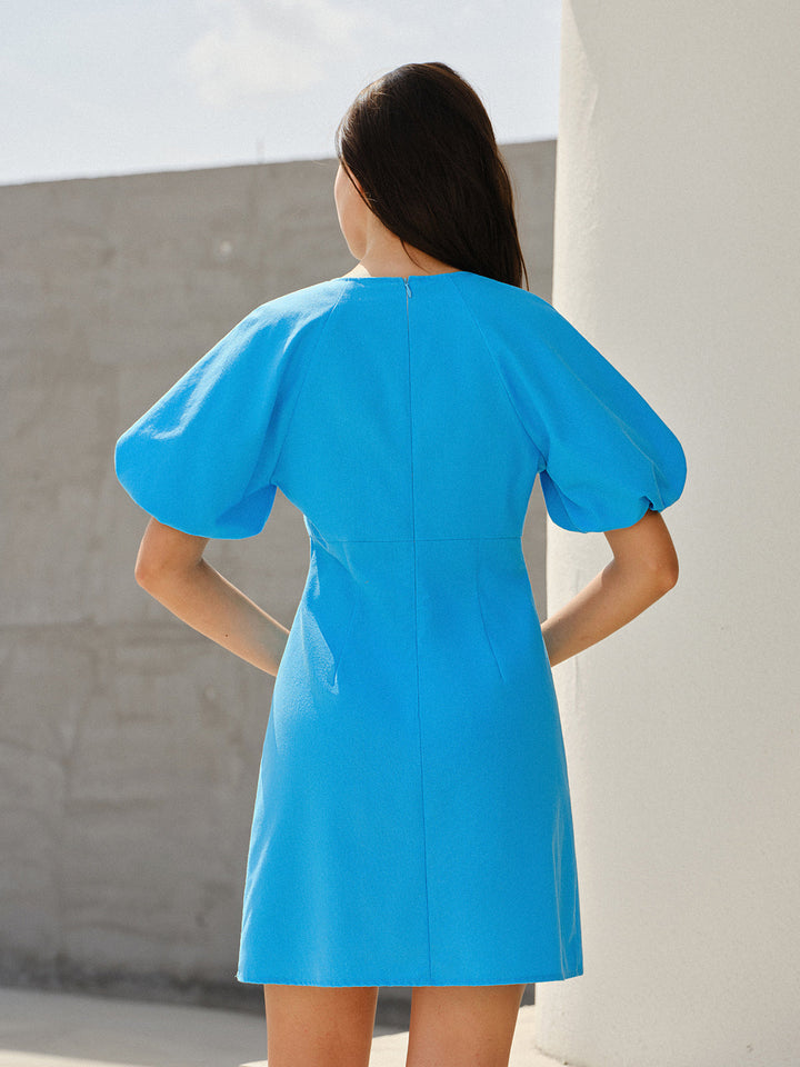 Kleid mit Knopfleiste und Puffärmeln, Rundhalsausschnitt, Mini-Länge