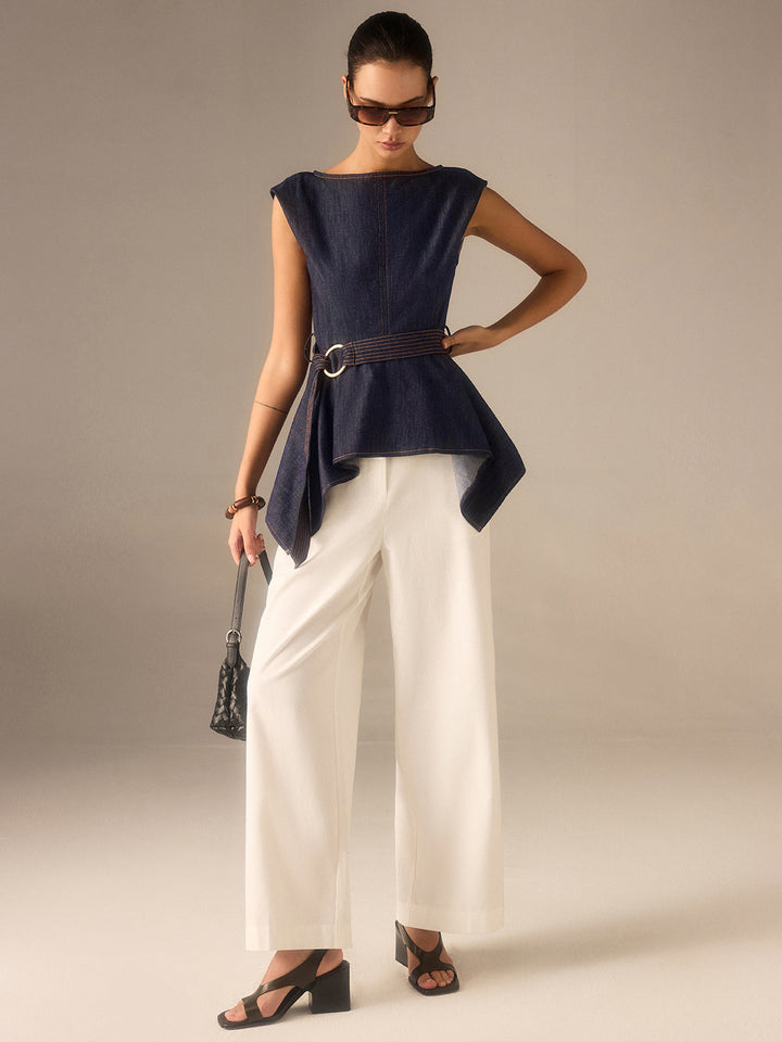 Denim Peplum Gürtel-Top mit asymmetrischem Saum