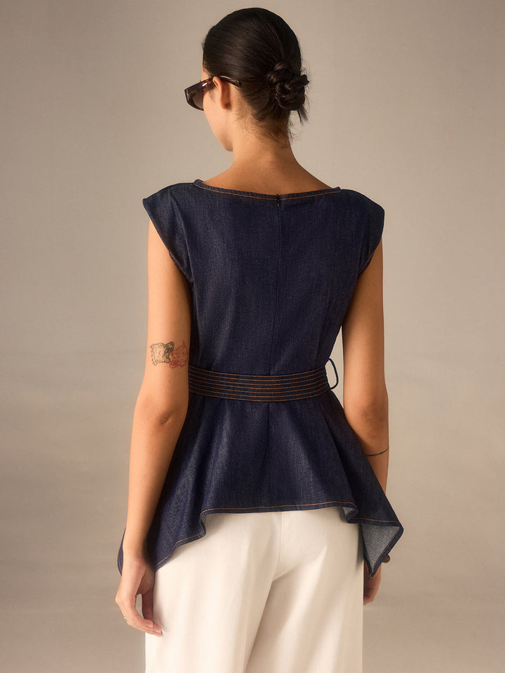 Denim Peplum Gürtel-Top mit asymmetrischem Saum