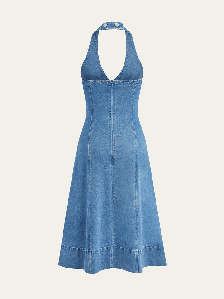 Halter Neck Cut-Out Denim Kleid