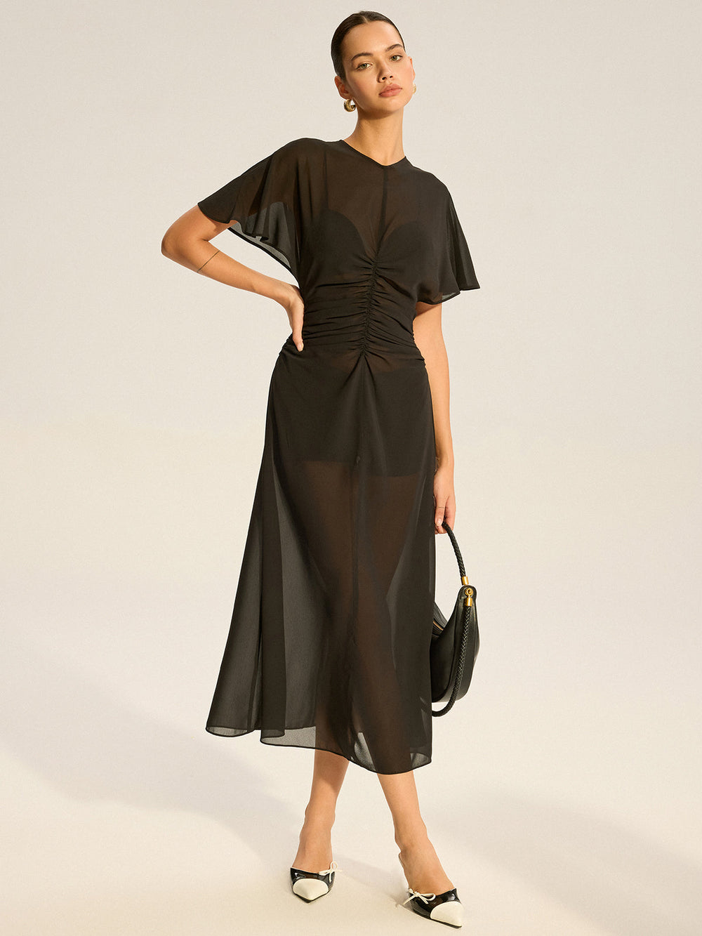 Sheer Chiffon Midi Kleid mit Futter-Unterkleid Zweiteiler