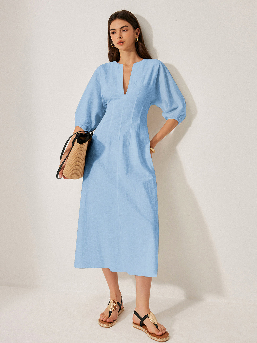 Kleid mit Puffärmeln aus Baumwolle und Leinen ohne Gürtel