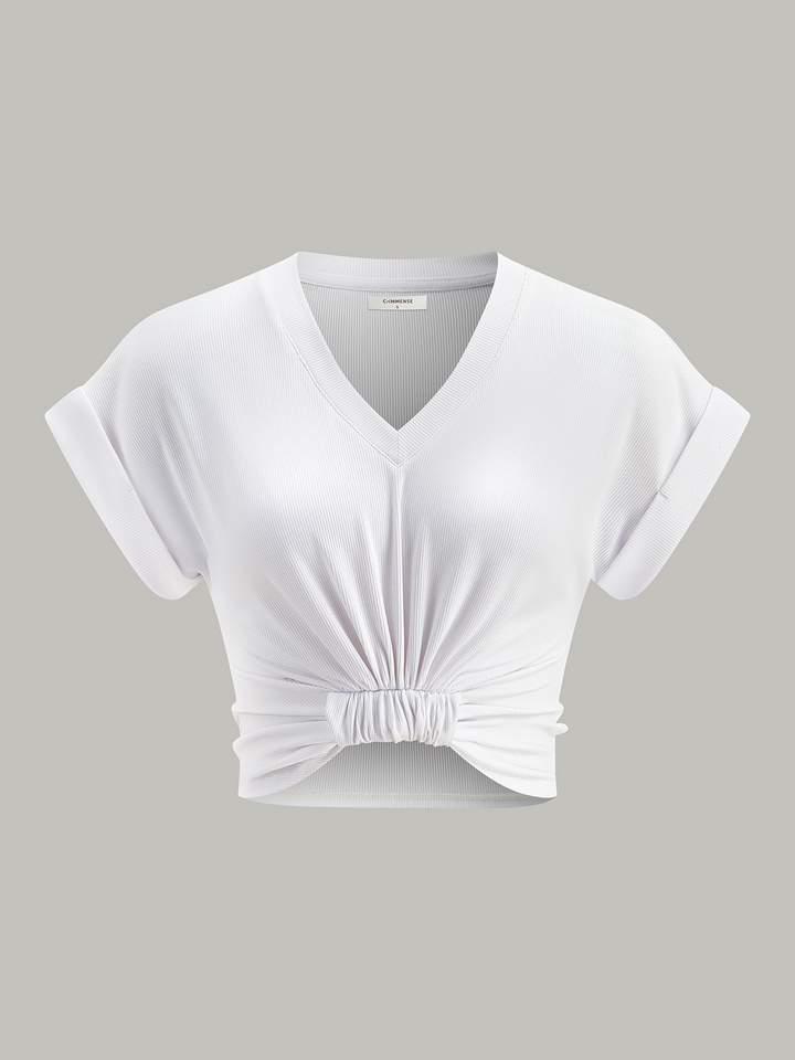 Geripptes V-Ausschnitt-Knoten-Crop-Top