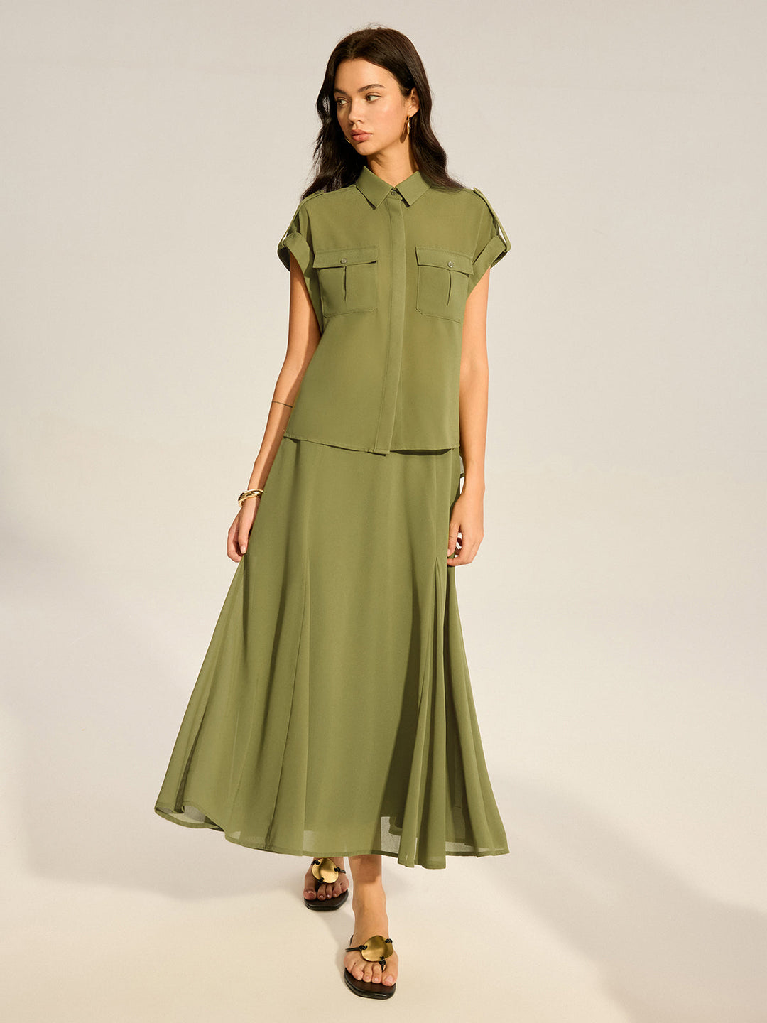 Rollärmel-Chiffon-Shirt mit Taschen und Midi-Rock-Set