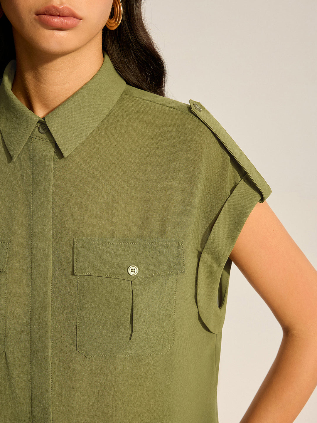 Rollärmel-Chiffon-Shirt mit Taschen und Midi-Rock-Set
