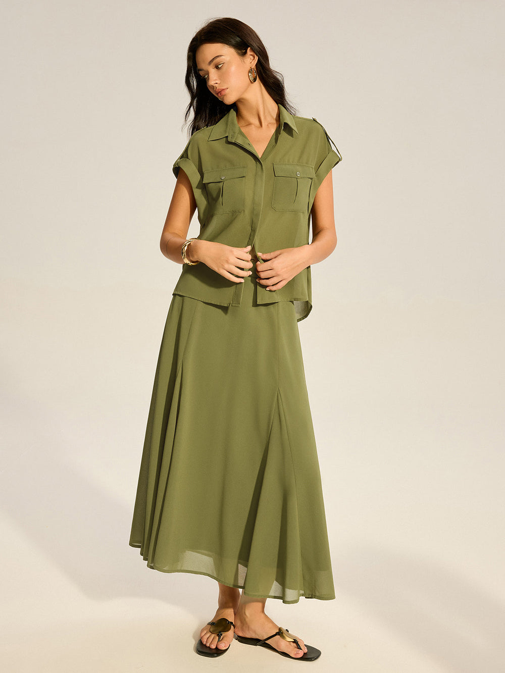 Rollärmel-Chiffon-Shirt mit Taschen und Midi-Rock-Set