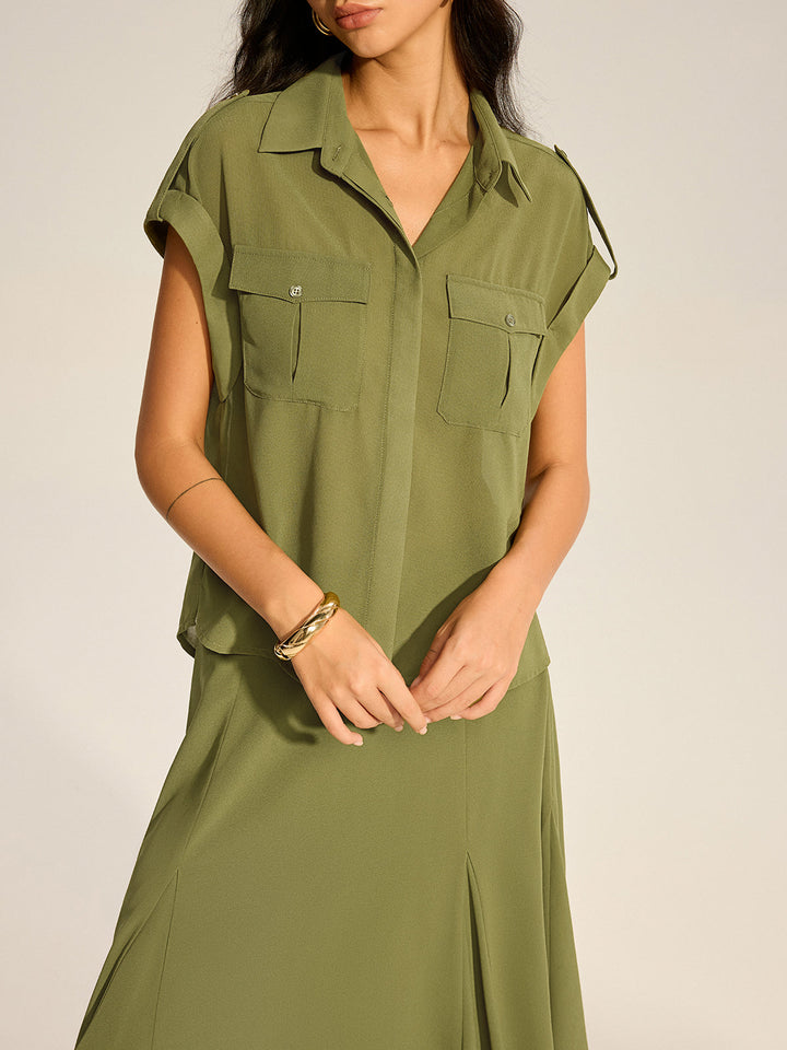 Rollärmel-Chiffon-Shirt mit Taschen und Midi-Rock-Set