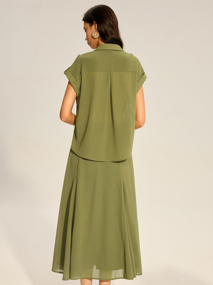 Rollärmel-Chiffon-Shirt mit Taschen und Midi-Rock-Set