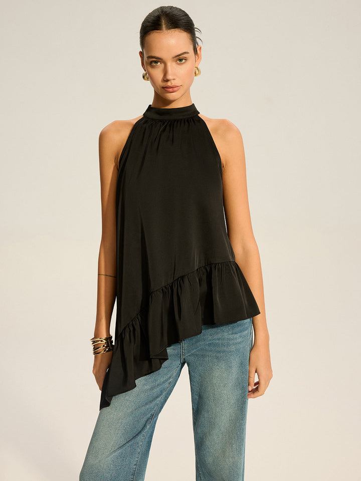 Asymmetrisch Rüschensaum Neckholder-Top