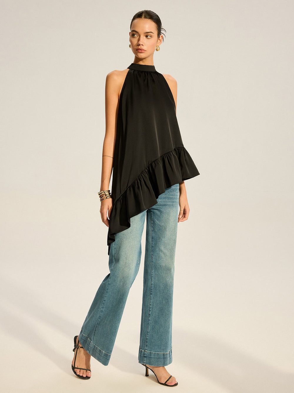 Asymmetrisch Rüschensaum Neckholder-Top