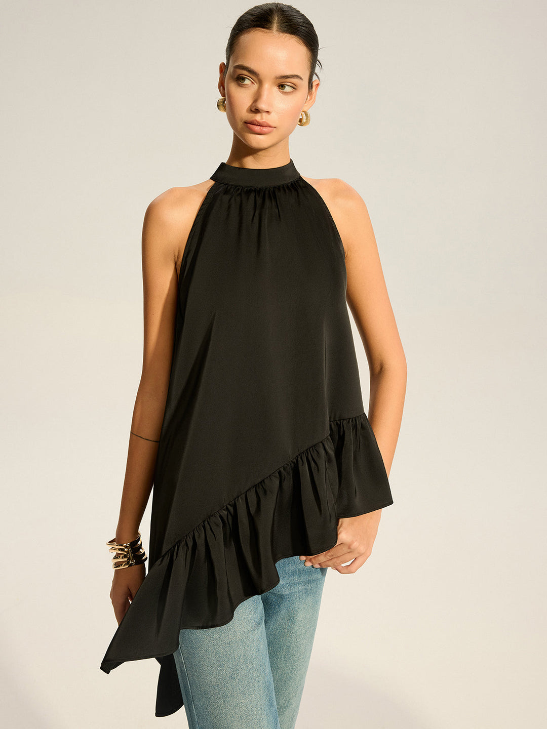 Asymmetrisch Rüschensaum Neckholder-Top