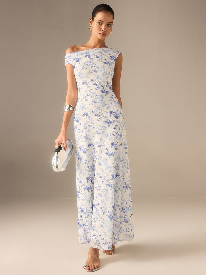 Florales Maxikleid mit asymmetrischer Schulterpartie