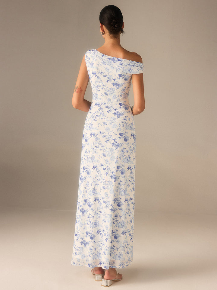 Florales Maxikleid mit asymmetrischer Schulterpartie