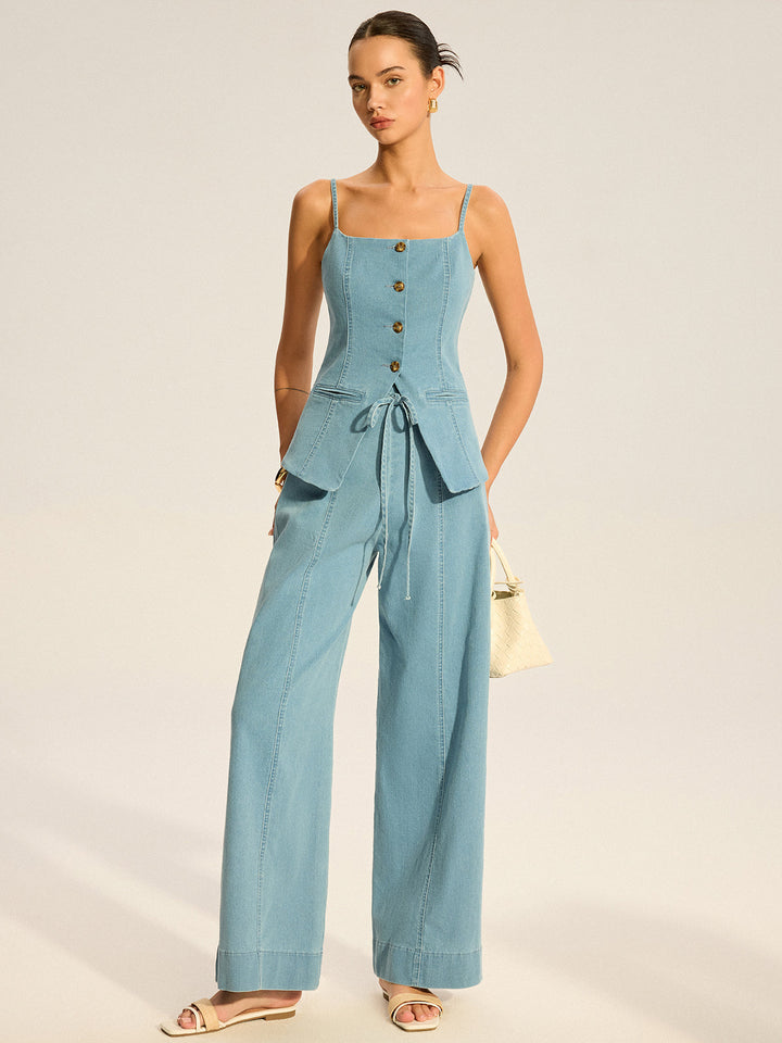 Denim Cami Weste und Hose Set